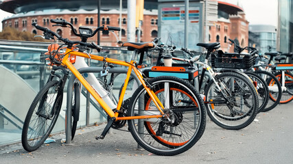 Fototapeta na wymiar Parked bicycles in Barcelona, Spain