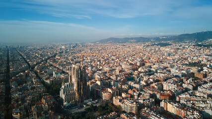 Aerial drone view of Sagrada Familia in Barcelona, Spain