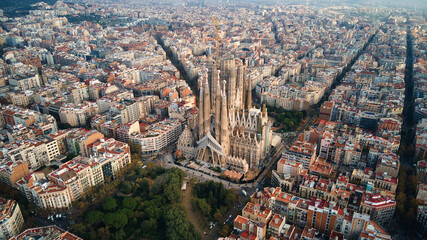 Aerial drone view of Sagrada Familia in Barcelona, Spain