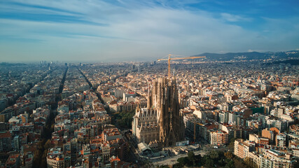 Aerial drone view of Sagrada Familia in Barcelona, Spain