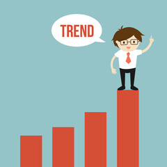 Business concept, Businessman standing on the chart and looking for trend. Vector illustration.