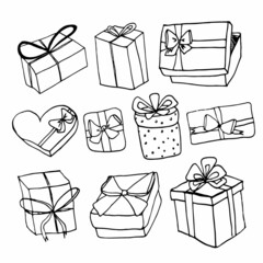 Sketch gift boxes collection. Hand-drawn line present box. Vector illustration.