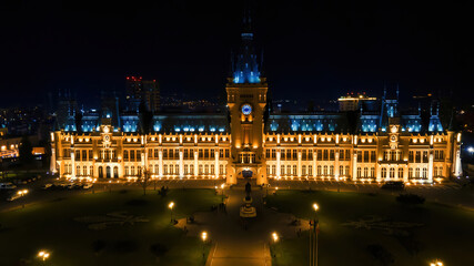 Fototapeta na wymiar Aerial drone panoramic view of the Palace of Culture in Iasi downtown at night, Romani