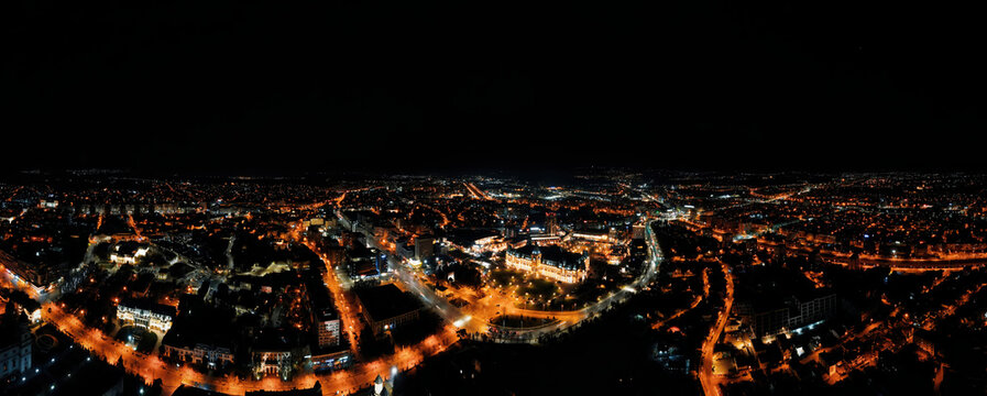 Aerial drone panoramic view of Iasi downtown at night, Romania