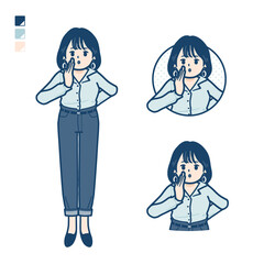 オープンカラーシャツを着た若い女性が小声でささやいているイラスト