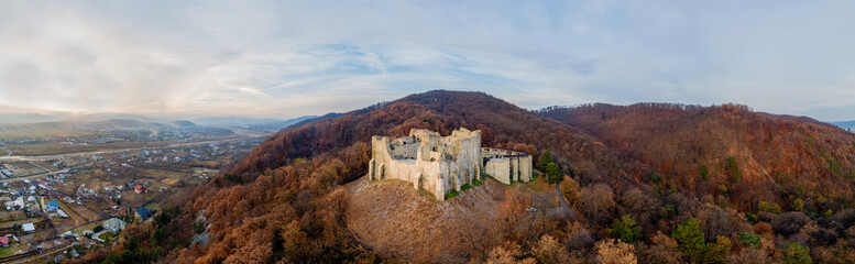 Fototapeta premium Aerial drone panoramic view of the Neamt Citadel in Targu Neamt, Romania