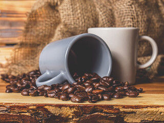 Blue and white coffee cups with beans 