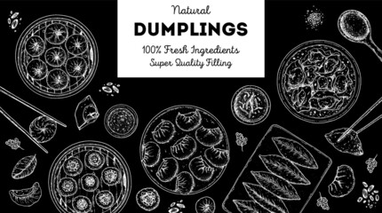 Dumplings top view frame. Food menu design template. Hand drawn vector illustration. Chinese dumplings. Vintage illustration. Hand drawn food sketch. Design template.