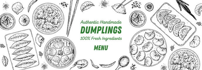 Dumplings top view frame. Food menu design template. Hand drawn vector illustration. Chinese dumplings. Vintage illustration. Hand drawn food sketch. Design template.