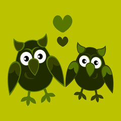 two owls in love with hearts. Cartoon birds. Pastiche. Children drawing
