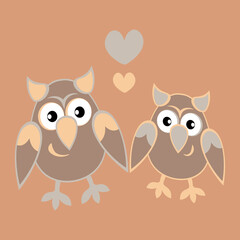 two owls in love with hearts. Cartoon birds. Pastiche. Children drawing
