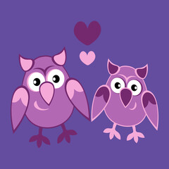two owls in love with hearts. Cartoon birds. Pastiche. Children drawing