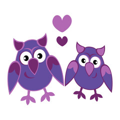 two owls in love with hearts. Cartoon birds. Pastiche. Children drawing