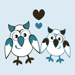 two owls in love with hearts. Cartoon birds. Pastiche. Children drawing