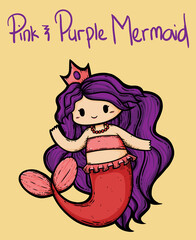 Pink and Purple Mermaid Vector Line Art Illustration