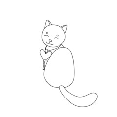 Cute cat with heart sitting and smiling. Silhouette in Doodle style, black lines, sketch. For decoration, coloring for kids, logo.