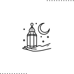 Hand holding an Arabic lantern and night sky with a crescent. Festive greeting for Muslim holy month Ramadan Kareem