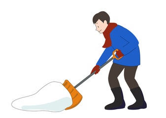 イラスト素材：笑顔で雪かきをしている男性