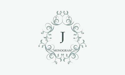 Decorative monogram with the initials J. Logo template with exquisite elements and floral ornaments for restaurants, clubs, boutiques, cafes, hotel cards. Business style and brand of the company.