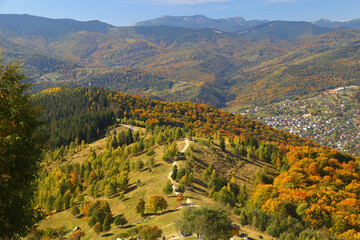 Fototapeta na wymiar Makovytsia Mountain Trail. Carpathians. Ukraine. Colorful autumn in the Carpathian mountains. Top view
