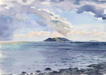 Fototapeta na wymiar Watercolor vector drawing of seascape with island on horizon on cloudy day