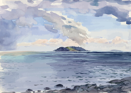 Watercolor vector drawing of seascape with  island on horizon on cloudy day