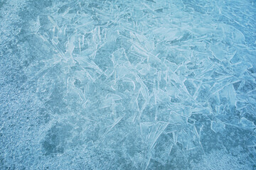 Ice texture background. Frost, ice surface. Close up of decorative winter frozen pattern. Top view.