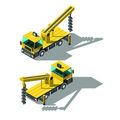 Abstract Isometric 3D Drilling Rig Car Transport Working Technique Machine Vector Design Style