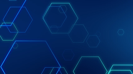 Abstract hexagon geometric blue neon lights technology dark background.