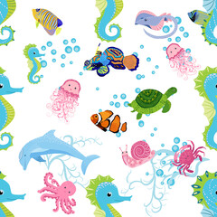 Naklejka premium Marine life, fish, animals bright seamless pattern. sea travel, underwater diving animal tropical fish. Jellyfish, whale, shark, seahorse, clown fish, dolphin, turtle, emperor