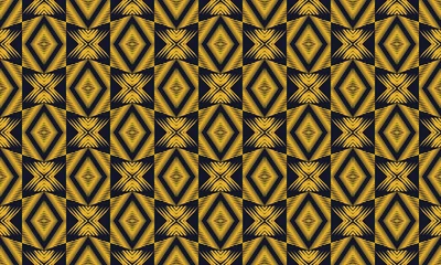  Zwart en goud tribal naadloze patroon. Traditioneel ontwerp voor achtergrond, behang, kleding, inwikkeling, tapijt, tegels, stof, decoratie, vectorillustratie, borduurstijl. Afrikaans textiel. © Dada635