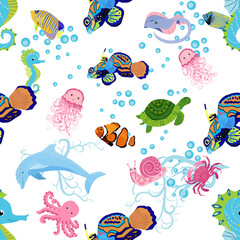 Marine life, fish, animals bright seamless pattern. sea travel, underwater diving animal tropical fish. Jellyfish, whale, shark, seahorse, clown fish, dolphin, turtle, emperor