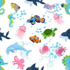 Marine life, fish, animals bright seamless pattern. sea travel, underwater diving animal tropical fish. Jellyfish, whale, shark, seahorse, clown fish, dolphin, turtle, emperor