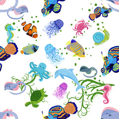 Marine life, fish, animals bright seamless pattern. sea travel, underwater diving animal tropical fish. Jellyfish, whale, shark, seahorse, clown fish, dolphin, turtle, emperor