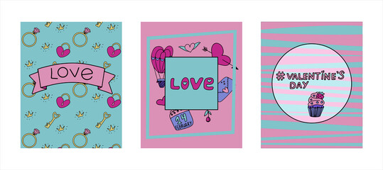 Doodle banner for Valentine s day. Vector colorful illustration for the holiday on February 14. Hand draw set for romance, wedding, date, invitation, greeting card, love. Icons for banners, sales