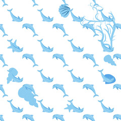 Dolphin, sea inhabitants seamless pattern, beautiful character among seashells, algae, starfish, marine wildlife