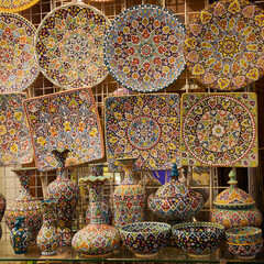 Traditional Arab hand painted Pottery displayed for sale at the old market in Dubai