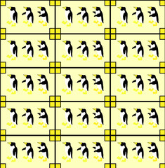 a pattern of three funny penguins on a yellow panel