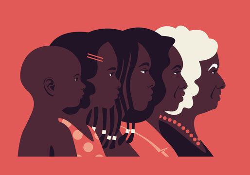 Ageing process. The head of an African woman of different ages in profile. The child and adult face side view. Childhood, youth and old age. Family. Vector flat illustration