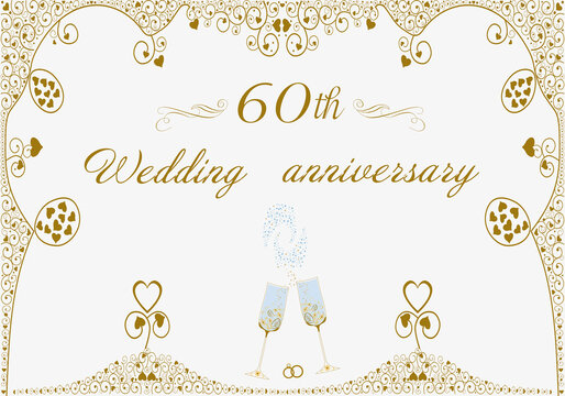 60th wedding anniversary invitation. Original abstract beautiful illustration. Golden pattern. Diamond wedding. Glasses of champagne. Wedding rings, hearts
