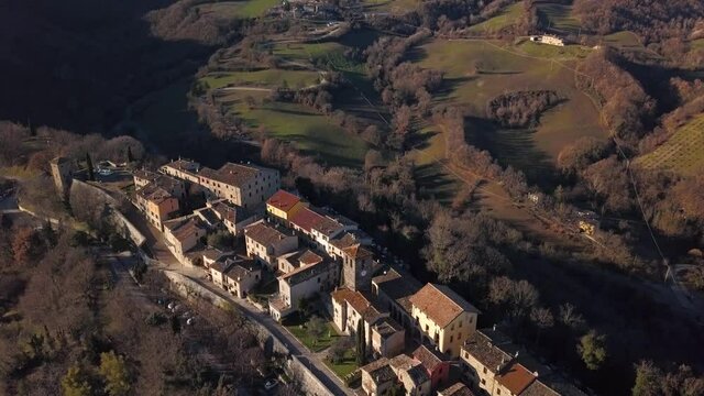 aerial view of the medieval village of Frontino  in the Province of Pesaro and Urbino in the Marche region