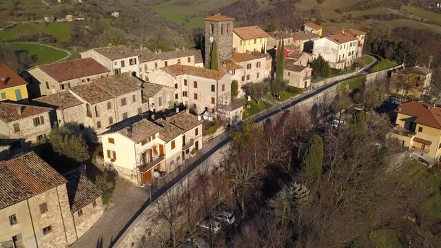 aerial view of the medieval village of Frontino  in the Province of Pesaro and Urbino in the Marche region