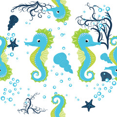Seahorse, sea inhabitants seamless pattern, beautiful character among seashells, seaweed, starfish, marine