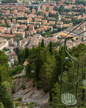 Cable car &ldquo;Colle Eletto&rdquo; climbing up the Mont Igino and offers a scenic panoramic view of Gubbio, Umbria, Italy