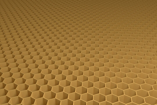 A plane of brown regular hexagonal cells extending into infinity. 3D render.