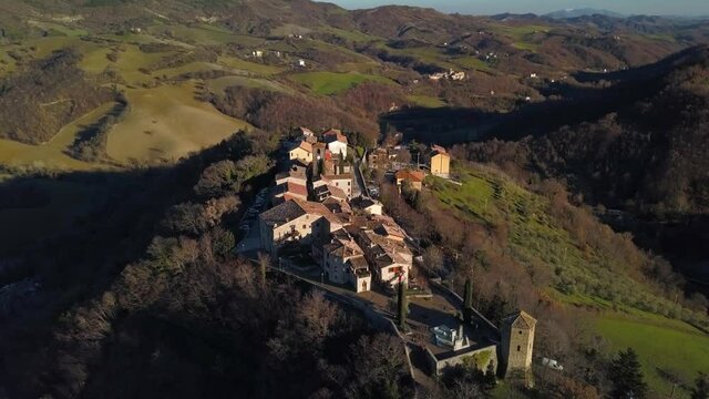 aerial view of the medieval village of Frontino  in the Province of Pesaro and Urbino in the Marche region