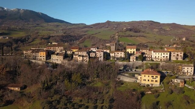 aerial view of the medieval village of Frontino  in the Province of Pesaro and Urbino in the Marche region