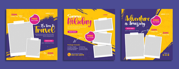 Travel sale social media banner post template design with agency logo, icon and abstract background for travelling business marketing. Summer beach holiday online promotion poster. Traveling flyer    