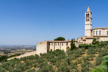 Obraz premium Panoramic view from Assisi with the bell tower of the Basilica of Santa Chiara, Umbria, Italy