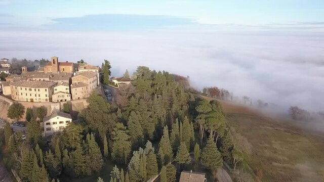 aerial view of the medieval village of Piticchio di Arcevia in the Province of Ancona in the Marche region